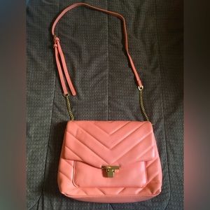 A New Day: Quilted Boxy Large Crossbody Bag. Coral Pink in Color